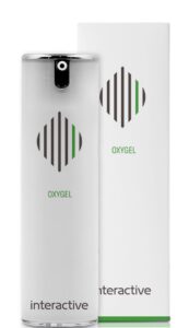 Flacone del prodotto Oxygel in formato airless, design bianco lucido con logo centrale e scritta 'interactive'.