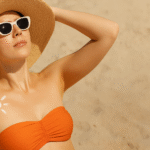 Donna al sole con cappello a tesa larga, occhiali bianchi e disegno di sole fatto con crema solare sulla spalla.