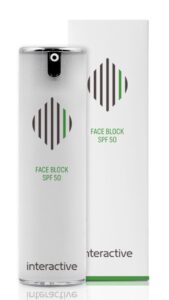 Flacone e confezione del prodotto solare Interactive Face Block SPF 50.