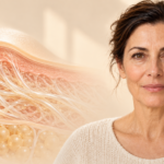 Biostimolanti o filler: ritratto di donna e illustrazione degli strati della pelle.