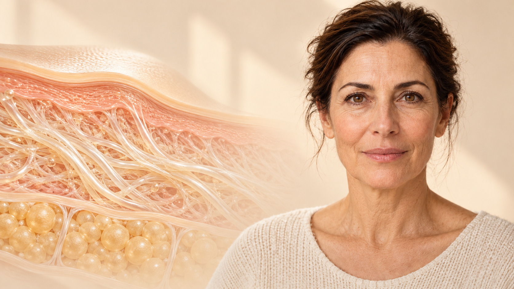 Biostimolanti o filler: ritratto di donna e illustrazione degli strati della pelle.