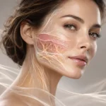 Anatomical illustration of facial skin showing collagen fibres and underlying tissue structures