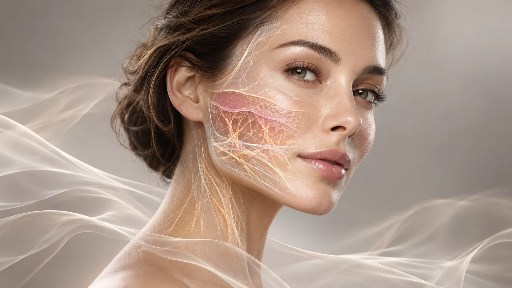 Illustrazione anatomica del viso femminile con fibre di collagene e strutture cutanee